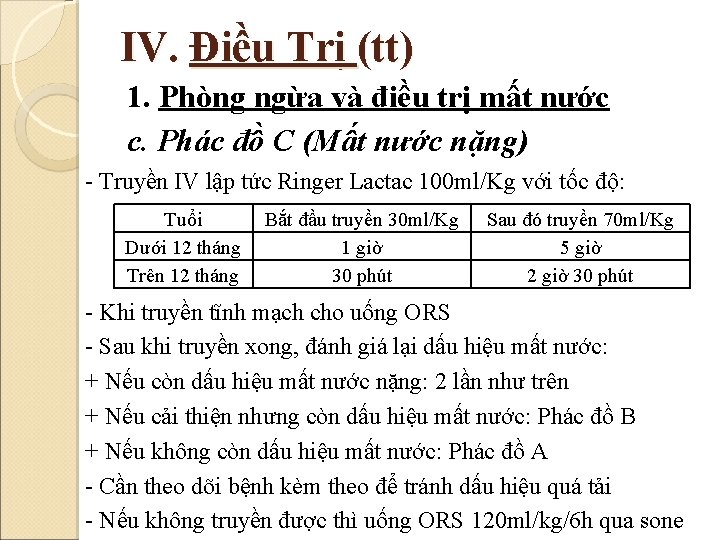 IV. Điều Trị (tt) 1. Phòng ngừa và điều trị mất nước c. Phác