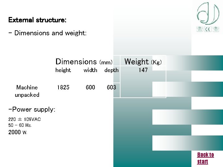 External structure: - Dimensions and weight: Dimensions height Machine unpacked 1825 (mm) width depth