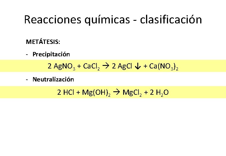 Reacciones químicas - clasificación METÁTESIS: - Precipitación 2 Ag. NO 3 + Ca. Cl