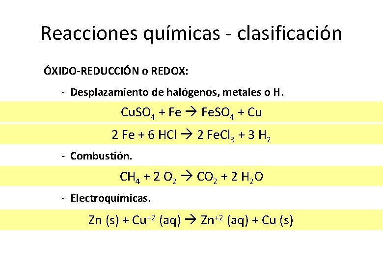 Reacciones químicas - clasificación ÓXIDO-REDUCCIÓN o REDOX: - Desplazamiento de halógenos, metales o H.