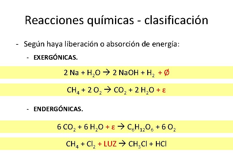 Reacciones químicas - clasificación - Según haya liberación o absorción de energía: - EXERGÓNICAS.