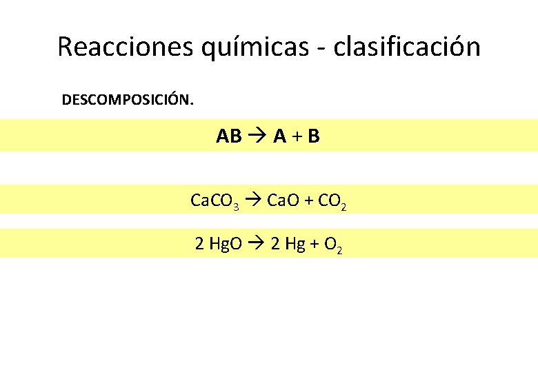 Reacciones químicas - clasificación DESCOMPOSICIÓN. AB A + B Ca. CO 3 Ca. O