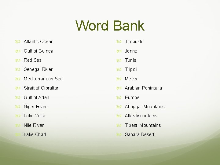 Word Bank Atlantic Ocean Timbuktu Gulf of Guinea Jenne Red Sea Tunis Senegal River