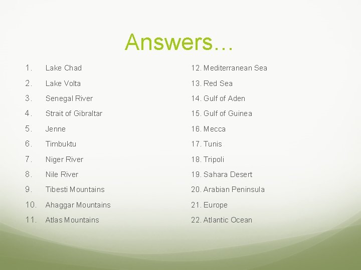 Answers… 1. Lake Chad 12. Mediterranean Sea 2. Lake Volta 13. Red Sea 3.