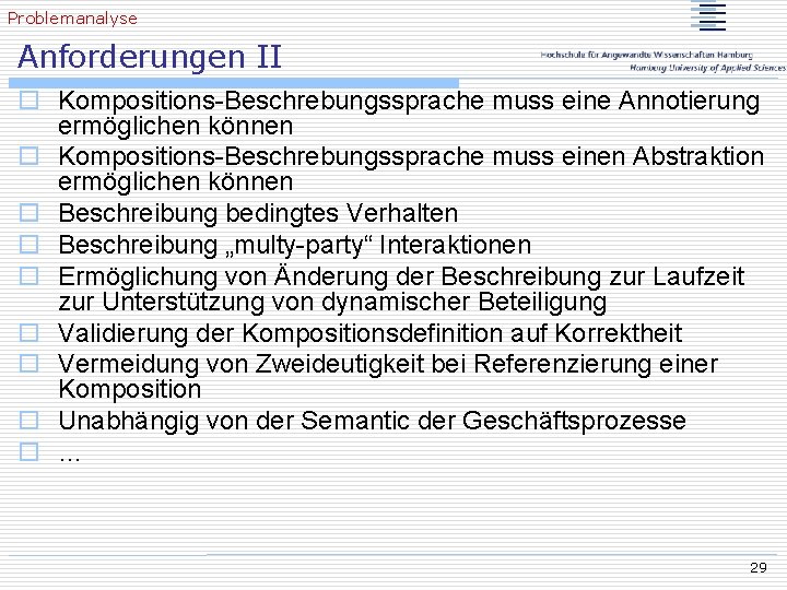 Problemanalyse Anforderungen II o Kompositions-Beschrebungssprache muss eine Annotierung ermöglichen können o Kompositions-Beschrebungssprache muss einen