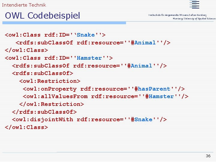 Intendierte Technik OWL Codebeispiel <owl: Class rdf: ID='‘Snake''> <rdfs: sub. Class. Of rdf: resource=''#Animal''/>