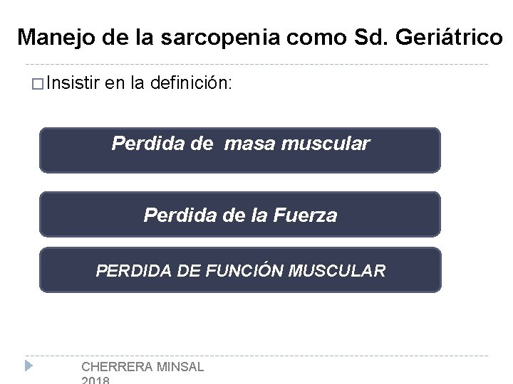 Manejo de la sarcopenia como Sd. Geriátrico � Insistir en la definición: Perdida de