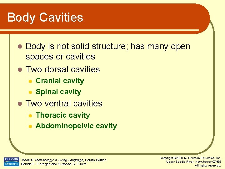 Body Cavities Body is not solid structure; has many open spaces or cavities l