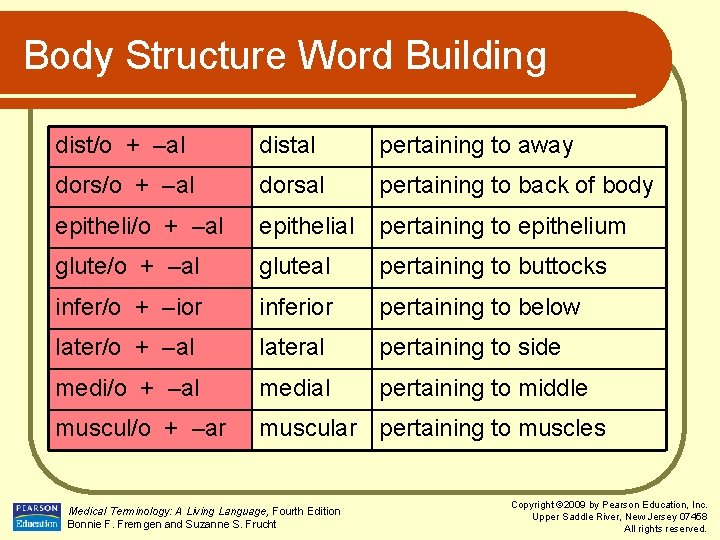 Body Structure Word Building dist/o + –al distal pertaining to away dors/o + –al