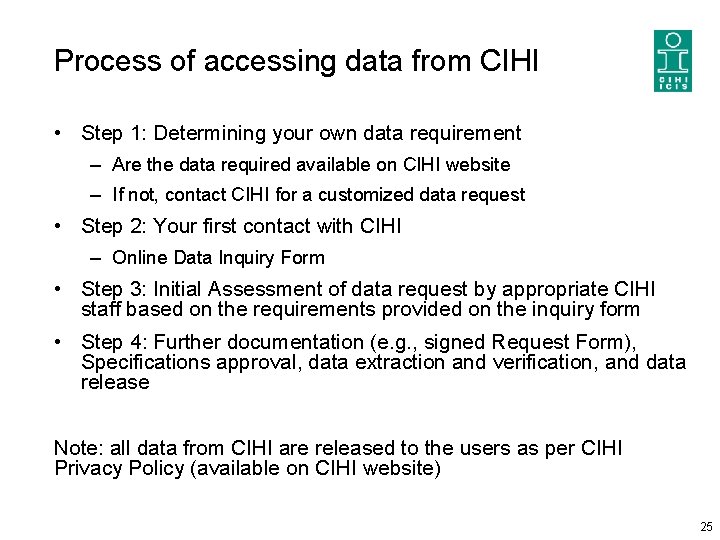 Process of accessing data from CIHI • Step 1: Determining your own data requirement