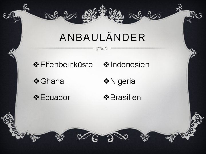 ANBAULÄNDER v. Elfenbeinküste v. Indonesien v. Ghana v. Nigeria v. Ecuador v. Brasilien 