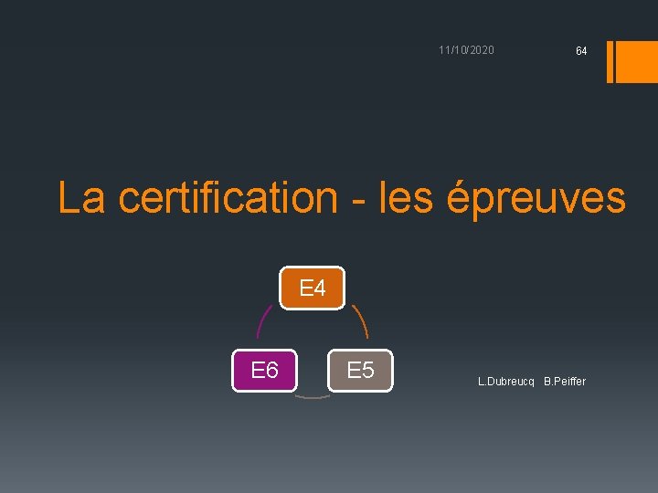 11/10/2020 64 La certification - les épreuves E 4 E 6 E 5 L.
