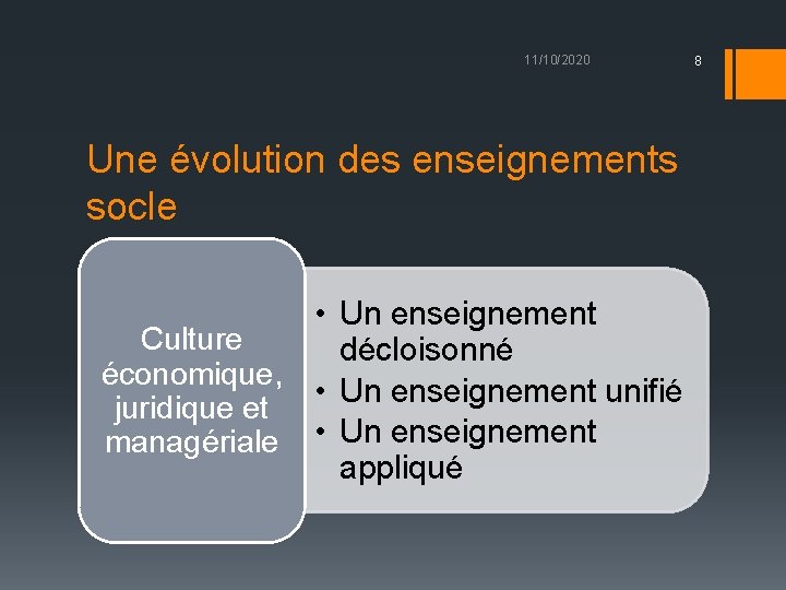 11/10/2020 Une évolution des enseignements socle • Un enseignement Culture décloisonné économique, • Un