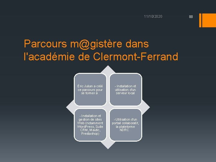 11/10/2020 Parcours m@gistère dans l'académie de Clermont-Ferrand Éric Julian a créé ce parcours pour