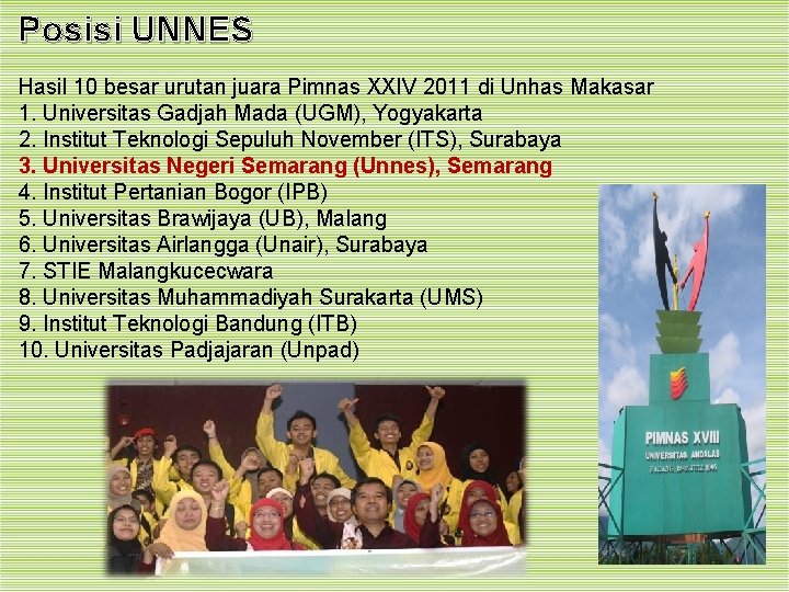 Posisi UNNES PKM & PIMNAS Hasil 10 besar urutan juara Pimnas XXIV 2011 di
