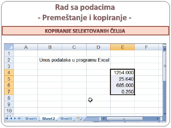 Rad sa podacima - Premeštanje i kopiranje PREMEŠTANJE KOPIRANJE SELEKTOVANIHĆELIJA Rad sa podacima - Premeštanje i kopiranje PREMEŠTANJE KOPIRANJE SELEKTOVANIHĆELIJA