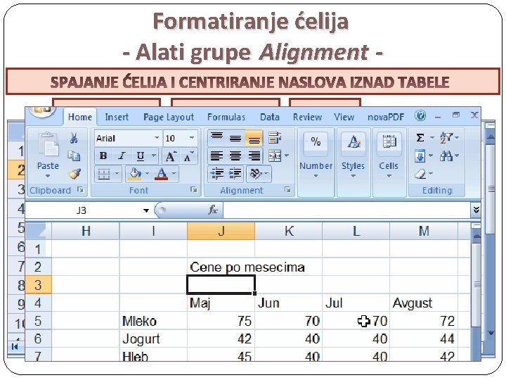 Formatiranje ćelija - Alati grupe Alignment SPAJANJE ĆELIJA I CENTRIRANJE NASLOVA IZNAD TABELE VERTIKALNO