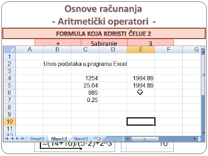 Osnove računanja - Aritmetički operatori OPERATOR ZNAČENJE PRIORITET FORMULA KOJA KORISTI KOJAKONSTANTNE KORISTIĆELIJE VREDNOSTI Osnove računanja - Aritmetički operatori OPERATOR ZNAČENJE PRIORITET FORMULA KOJA KORISTI KOJAKONSTANTNE KORISTIĆELIJE VREDNOSTI