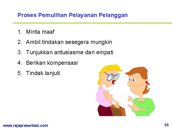 Proses Pemulihan Pelayanan Pelanggan 1. Minta maaf 2. Ambil tindakan sesegera mungkin 3. Tunjukkan