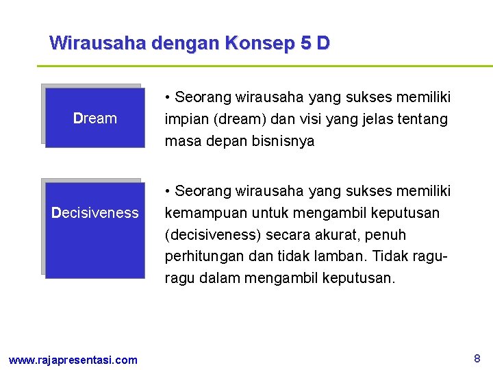 Wirausaha dengan Konsep 5 D Dream Decisiveness www. rajapresentasi. com • Seorang wirausaha yang
