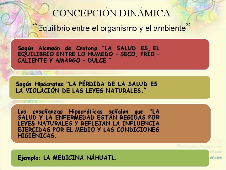 CONCEPCIÓN DINÁMICA “Equilibrio entre el organismo y el ambiente” Según Alcmeón de Crotona “LA