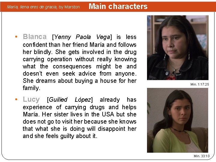 María, llena eres de gracia, by Marston Main characters • Blanca [Yenny Paola Vega]