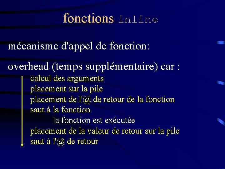 fonctions inline mécanisme d'appel de fonction: overhead (temps supplémentaire) car : calcul des arguments