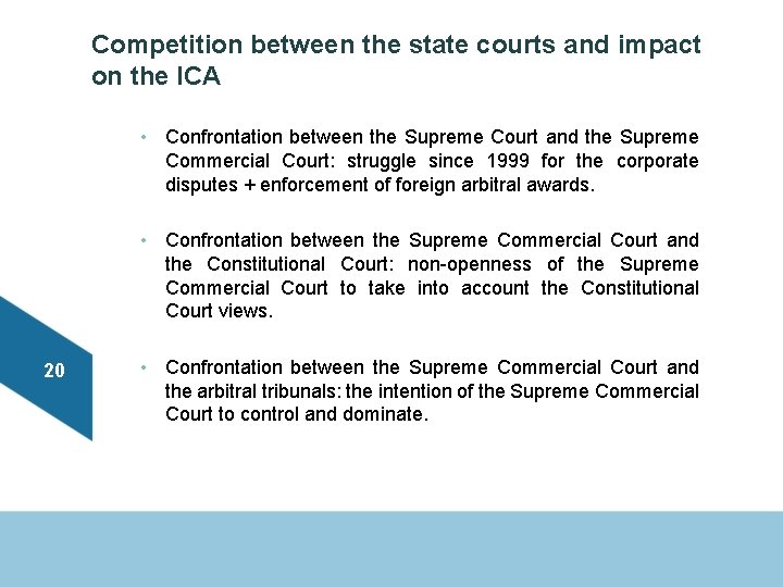 Competition between the state courts and impact on the ICA • Confrontation between the