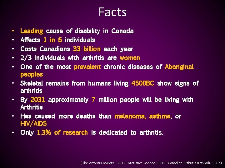 Facts • • • Leading cause of disability in Canada Affects 1 in 6