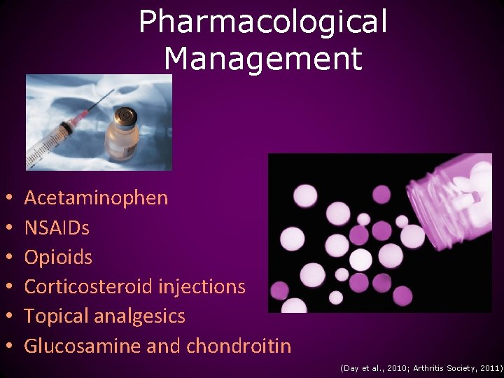 Pharmacological Management • • • Acetaminophen NSAIDs Opioids Corticosteroid injections Topical analgesics Glucosamine and