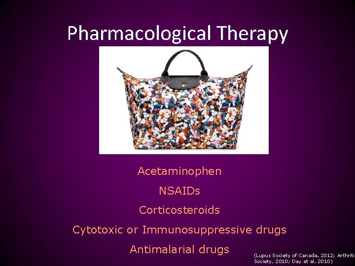 Pharmacological Therapy Acetaminophen NSAIDs Corticosteroids Cytotoxic or Immunosuppressive drugs Antimalarial drugs (Lupus Society of