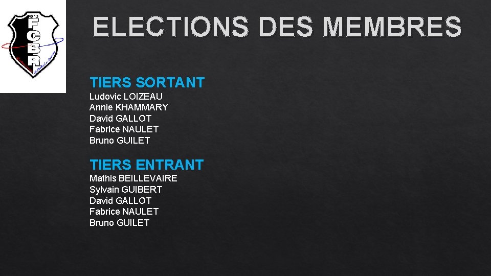 ELECTIONS DES MEMBRES TIERS SORTANT Ludovic LOIZEAU Annie KHAMMARY David GALLOT Fabrice NAULET Bruno