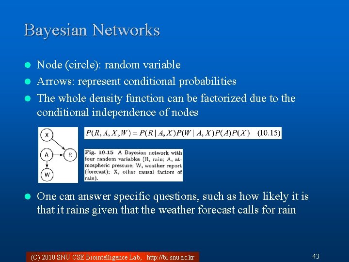 Bayesian Networks Node (circle): random variable l Arrows: represent conditional probabilities l The whole