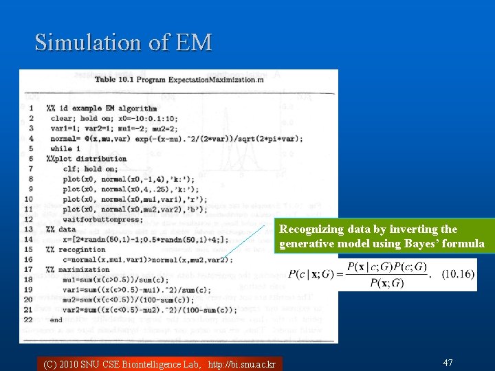 Simulation of EM Recognizing data by inverting the generative model using Bayes’ formula (C)