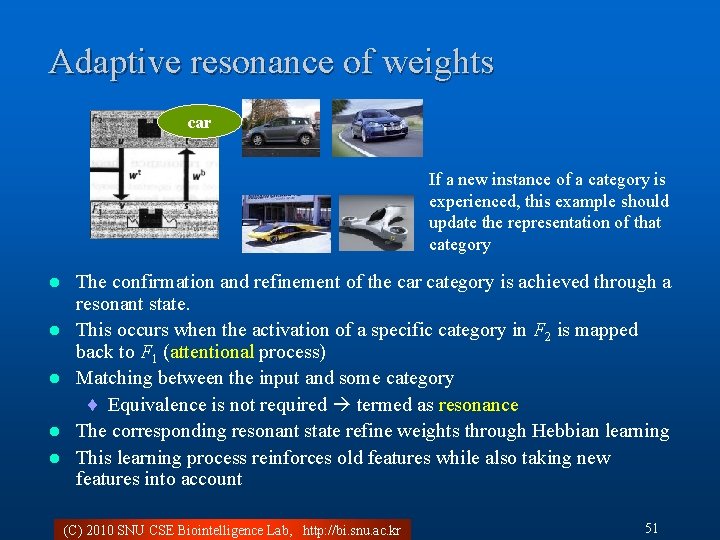 Adaptive resonance of weights car If a new instance of a category is experienced,