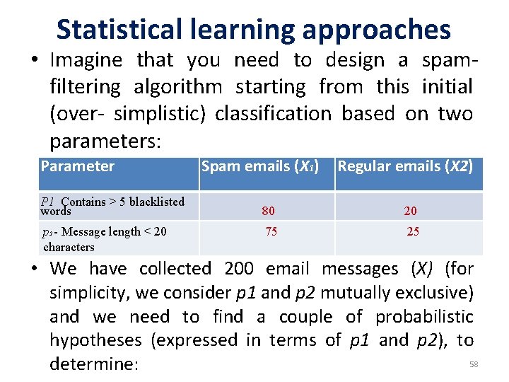 Statistical learning approaches • Imagine that you need to design a spamfiltering algorithm starting