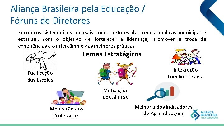Aliança Brasileira pela Educação / Fóruns de Diretores Encontros sistemáticos mensais com Diretores das