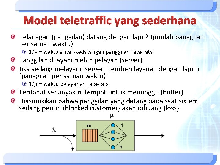 4 Model teletraffic yang sederhana Pelanggan (panggilan) datang dengan laju (jumlah panggilan per satuan 4 Model teletraffic yang sederhana Pelanggan (panggilan) datang dengan laju (jumlah panggilan per satuan
