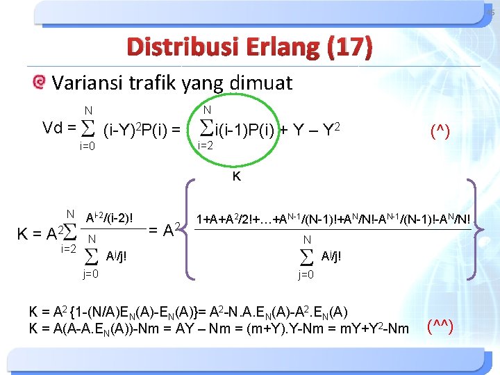 45 Distribusi Erlang (17) Variansi trafik yang dimuat N Vd = (i-Y)2 P(i) = 45 Distribusi Erlang (17) Variansi trafik yang dimuat N Vd = (i-Y)2 P(i) =