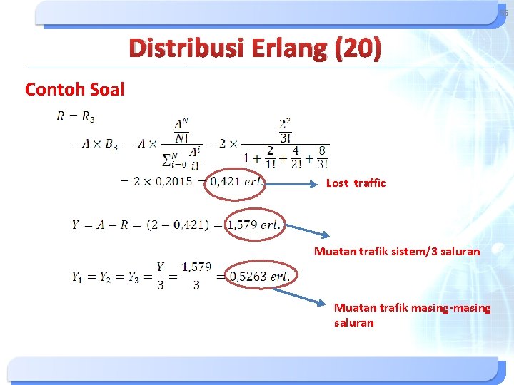55 Distribusi Erlang (20) Contoh Soal Lost traffic Muatan trafik sistem/3 saluran Muatan trafik 55 Distribusi Erlang (20) Contoh Soal Lost traffic Muatan trafik sistem/3 saluran Muatan trafik