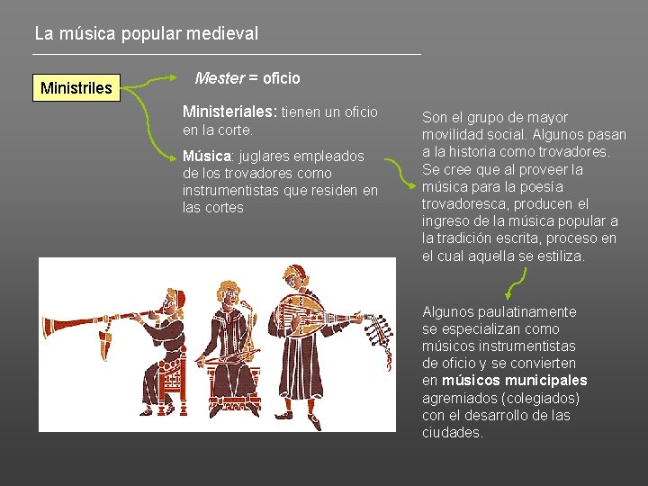 La música popular medieval Ministriles Mester = oficio Ministeriales: tienen un oficio en la