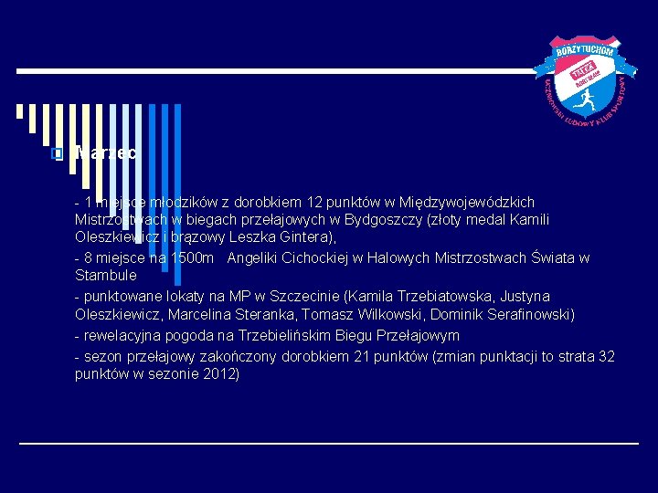 o Marzec - 1 miejsce młodzików z dorobkiem 12 punktów w Międzywojewódzkich Mistrzostwach w