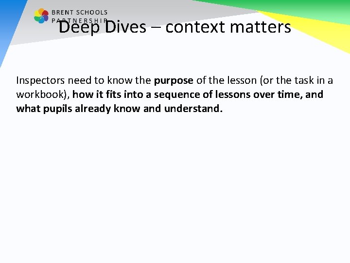 Deep Dives – context matters Inspectors need to know the purpose of the lesson