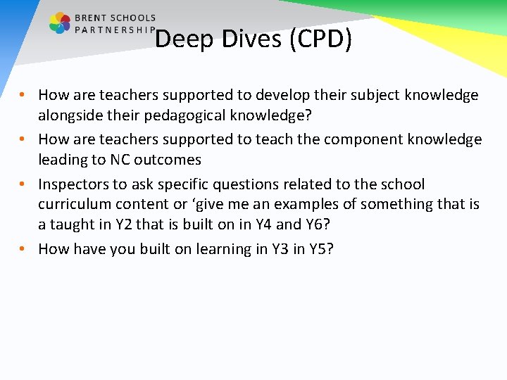 Deep Dives (CPD) • How are teachers supported to develop their subject knowledge alongside