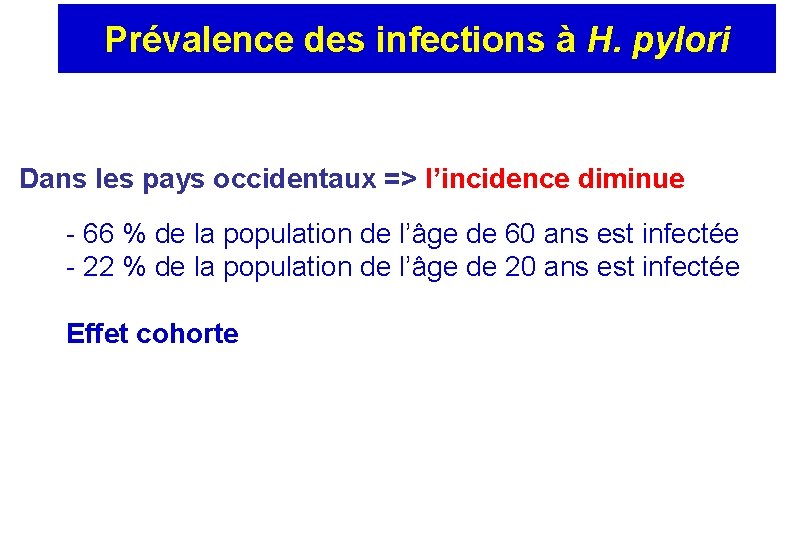 Prévalence des infections à H. pylori Dans les pays occidentaux => l’incidence diminue -