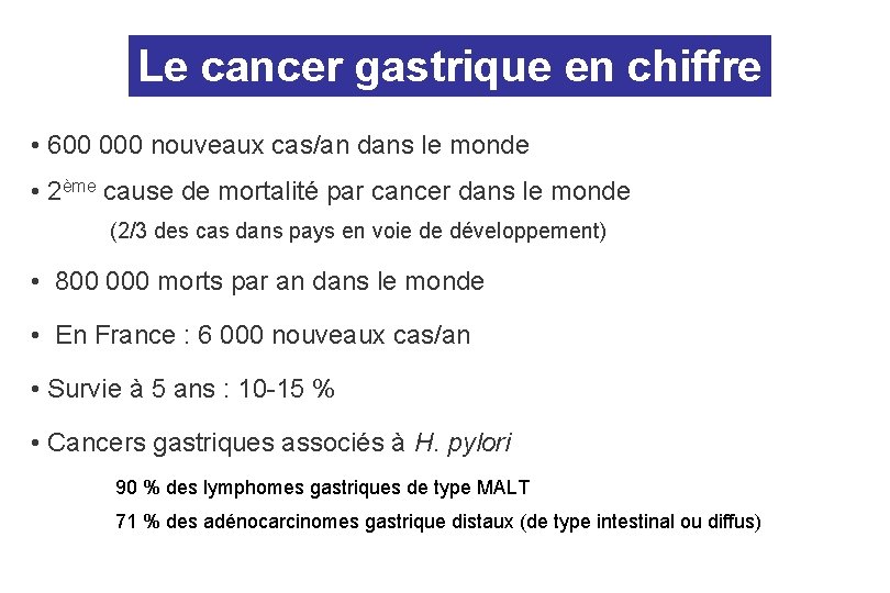 Le cancer gastrique en chiffre • 600 000 nouveaux cas/an dans le monde •