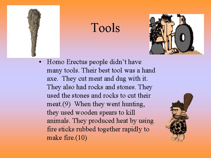 Tools • Homo Erectus people didn’t have many tools. Their best tool was a