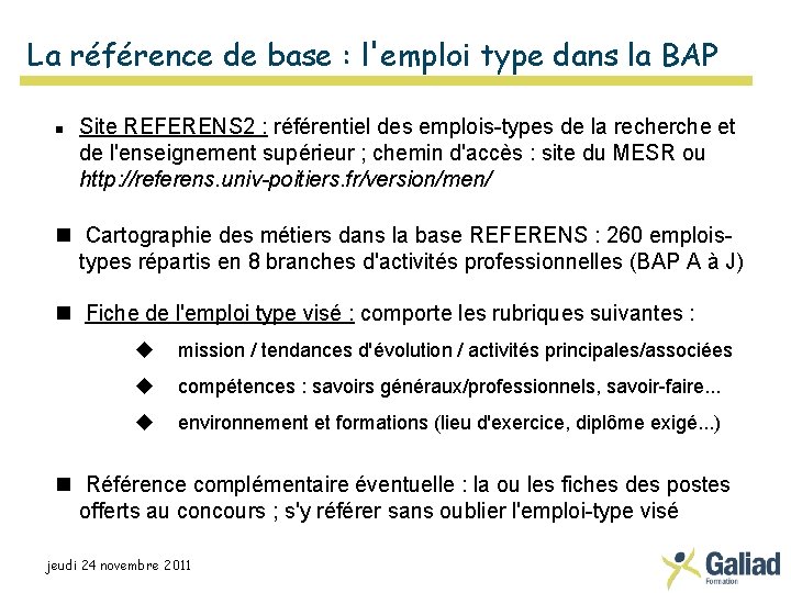 La référence de base : l'emploi type dans la BAP Site REFERENS 2 :