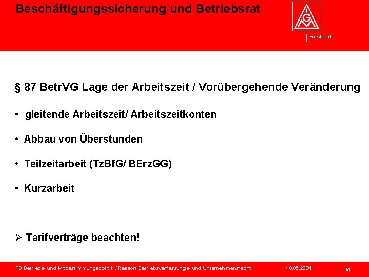 Beschäftigungssicherung und Betriebsrat Vorstand § 87 Betr. VG Lage der Arbeitszeit / Vorübergehende Veränderung