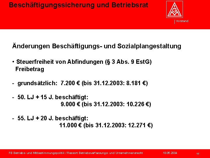 Beschäftigungssicherung und Betriebsrat Vorstand Änderungen Beschäftigungs- und Sozialplangestaltung • Steuerfreiheit von Abfindungen (§ 3